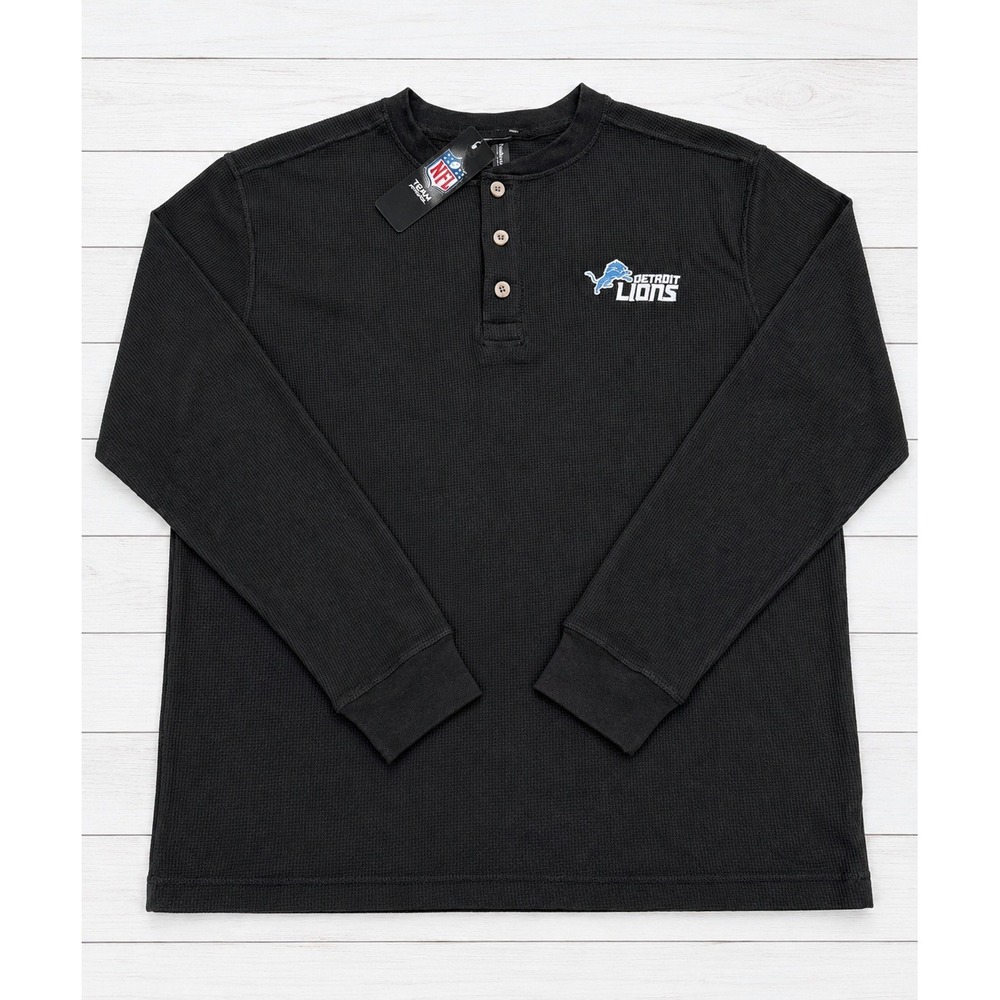 NFL Team Apparel Detroit Lions Waffle Knit Henley Shirt Football Sporty Black LG